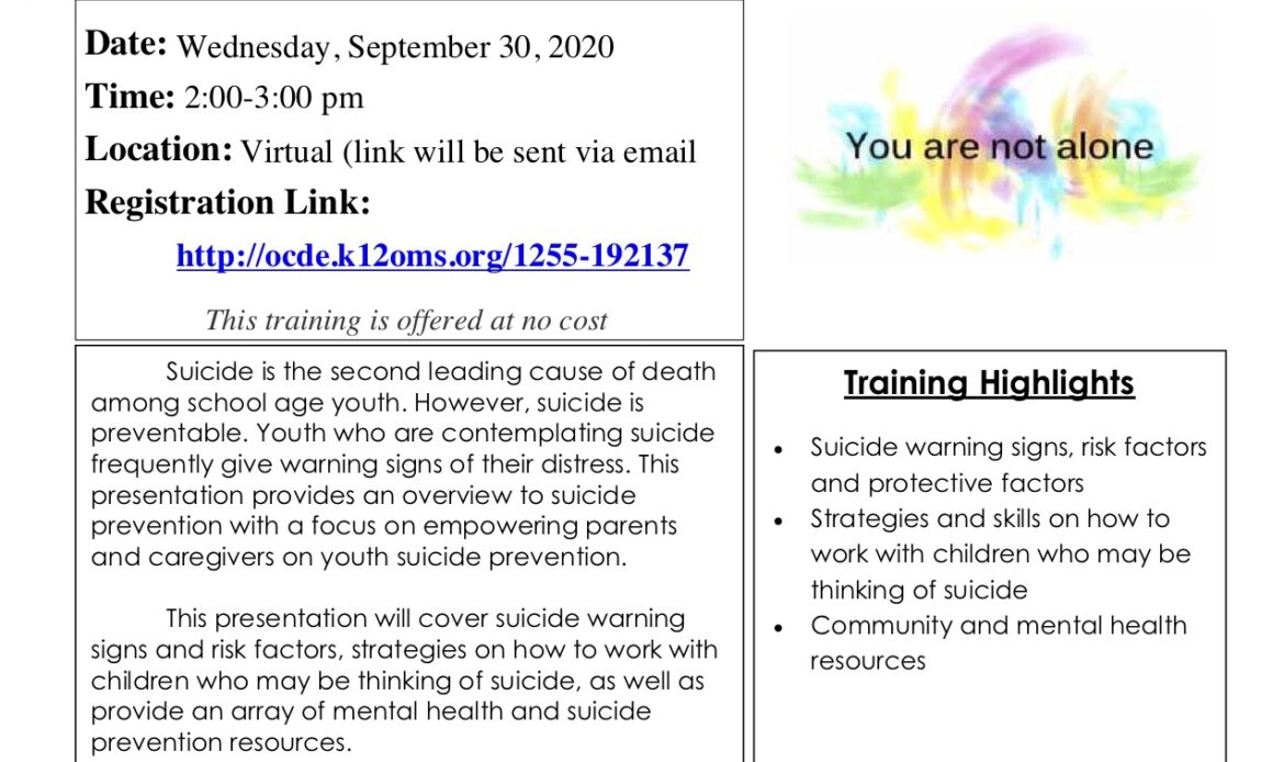 OCDE to hold Youth Suicide Awareness webinar for parents to learn early warning signs